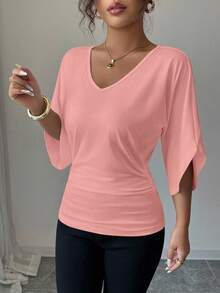 Elenzga Casual Solid Color Batwing Sleeve V-Neck T-Shirt, Summer - Baby Pink - View 3