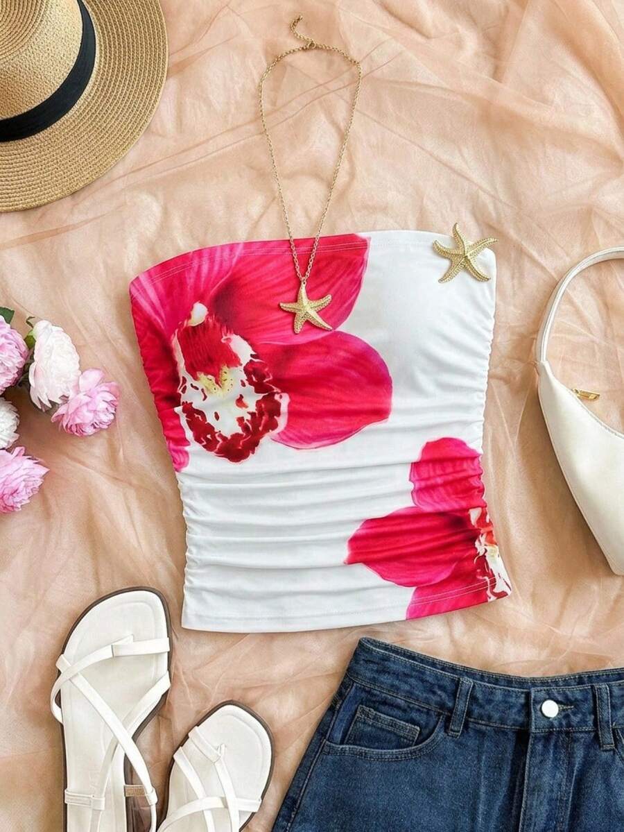 SHEIN Top de tirantes para niña preadolescente, corte slim fit, casual, minimalista, cómodo, con estampado floral y detalle fruncido lateral - Rosa - View 1