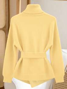 Franclia 女士优雅高领宽松收腰不对称下摆套头毛衣，冬季女式毛衣，高领黄色毛衣，奶油黄服装，黄色毛衣，女士毛衣，黄色高领毛衣 - 黃色 - 查看 2