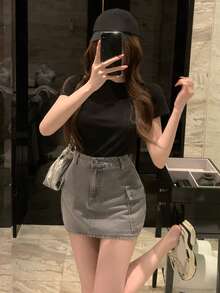 FRIFUL Chân váy denim ngắn nữ kiểu dáng thường ngày, đa năng, có túi tiện dụng. - Xám - Xem 6