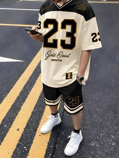 Manfinity EMRG 男士复古美式街头芝加哥23号图案V领宽松短袖T恤和短裤套装