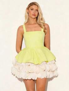 Glamine Elegant Contrast Color Layered Strap Evening Gown - Light Yellow - View 5