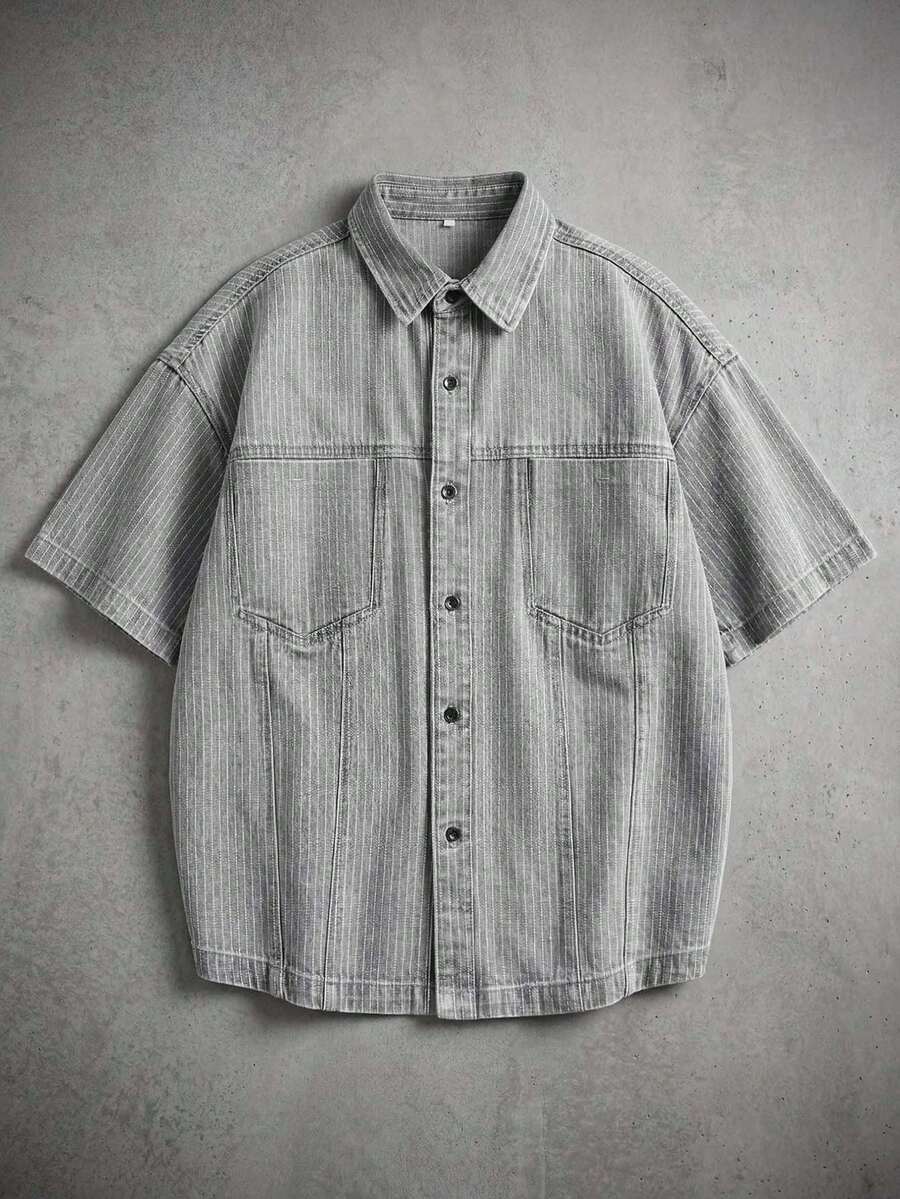 PAVTROS Men's Casual Striped Loose Gray Denim Short Sleeve Shirt, Street Fashion - Grey - View 1