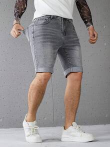 Manfinity Homme Celana Capri Denim Skinny Kasual Musim Panas Elastis untuk Pria Ukuran Besar - Grey - View 5