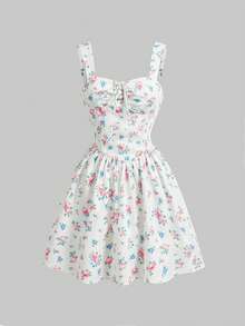 Sweetness Đầm hai dây ngắn màu hồng nhạt họa tiết hoa nhí lãng mạn cho bé gái, thích hợp cho kỳ nghỉ. - Hồng - Xem 2