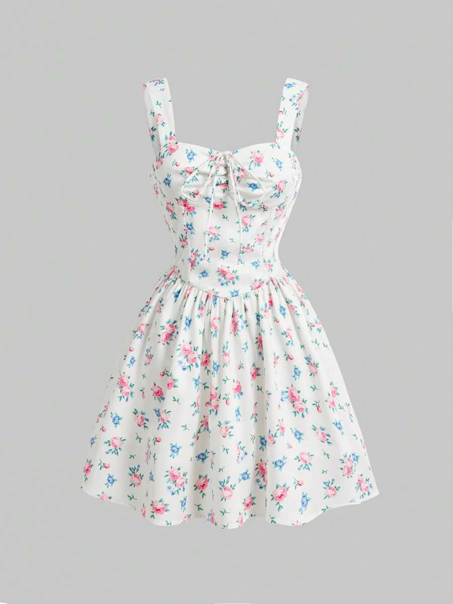 Sweetness 浪漫假期甜美粉色碎花吊带迷你连衣裙，适合女孩。 - 粉色 - 查看 1