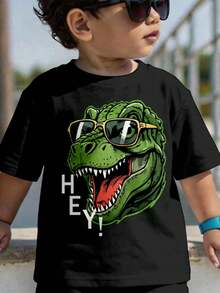SHEIN Áo thun cổ tròn tối giản, phong cách thường ngày dành cho bé trai, thích hợp cho mùa hè, in hình cá sấu và khủng long kinh điển. - màu đen - Xem 1