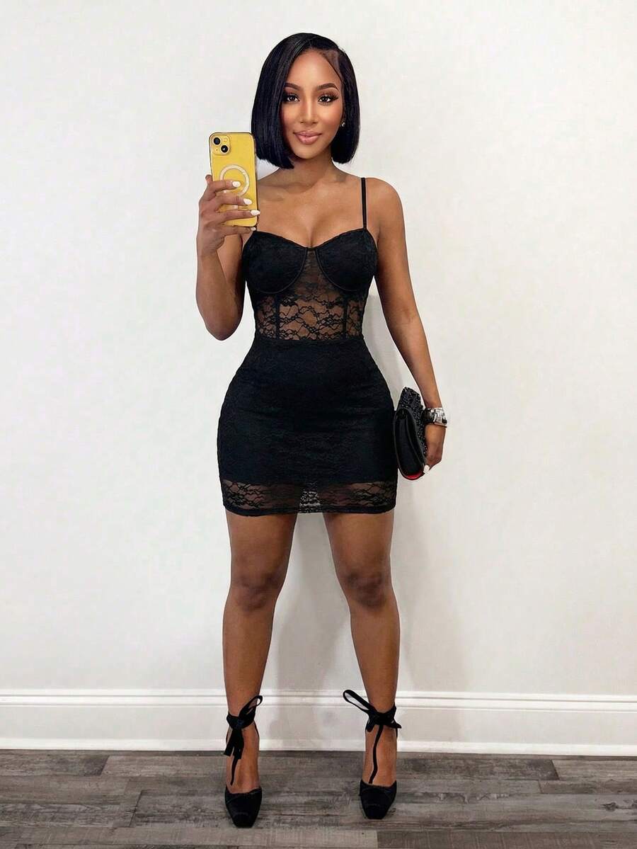 BamGleam 女士时尚性感蕾丝吊带紧身迷你连衣裙 - 黑色 - 查看 1