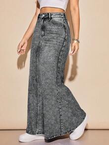 Rivivi Chân váy denim dáng chữ A siêu dài dành cho nữ - Xám - Xem 6