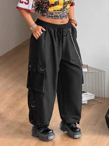 Coolane Pantalones cargo de talla grande con decoración de cadena de bolsillo - Negro - Ver 5