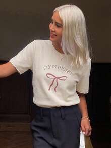 DAZY Spring New Valentine's Day Round Neck Grey Bowknot Women T-Shirt Cute Tops,Graphic Tees,Back To School Clothes Preppy Tops - Apricot - View 8