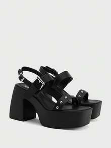 Sugerpunk Giày sandal nữ đế dày kiểu punk mới, mũi vuông, đính đinh tán, kiểu retro, đế phồng, thích hợp cho mùa hè. - màu đen - Xem 2
