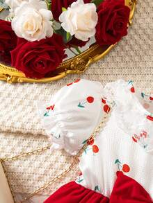 Souflis Souflis 2pcs/Set Baby Girls' Sweet Cute Lace Peter Pan Collar Short Sleeve Bow Dress & Hat Set, Suitable For Summer, Vacation & Party - Red and White - View 5