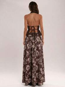 SHEIN BAE Women's Solid Dark Brown Seductive Backless Halter Camisole Top,Summer,Date,Beach,Vacation,Waist Ruched,Casual,Street Wear,Sisters Outing - Brown - View 2