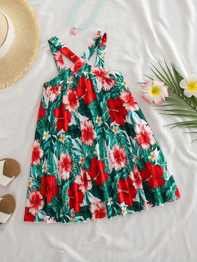 SHEIN Đầm không tay in họa tiết hoa nhiệt đới, kiểu dáng thường ngày cho bé gái, bộ sưu tập Xuân/Hè mới.