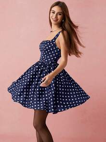 Enchnt 女士夏季波点印花无袖荷叶边连衣裙 - 藏蓝色 - 查看 5