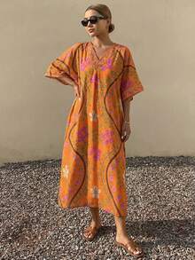 DAZY Floral Print V-Neck Loose Women Nightgown - Brown - View 3