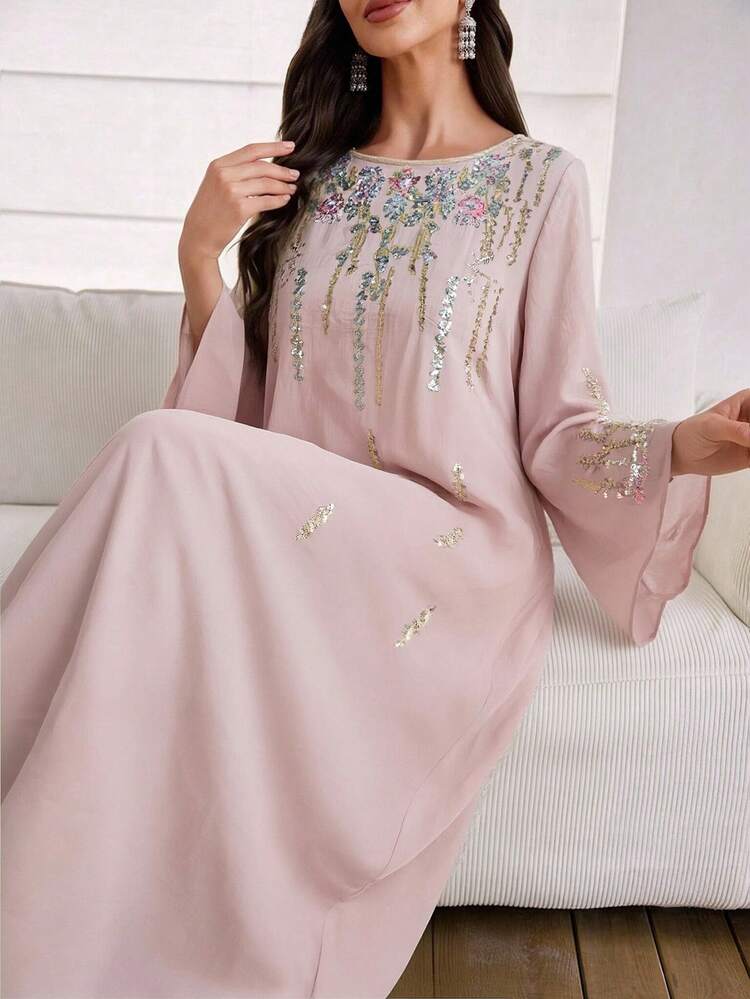 Al Najma 女士优雅亮片花卉刺绣圆领宽松连衣裙，秋季 - 淺粉色 - 查看 5