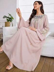 Al Najma Đầm nữ thanh lịch cổ tròn thêu hoa đính sequin dáng rộng, thích hợp cho mùa thu. - Màu Hồng baby - Xem 7