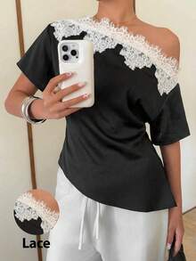 Siren Gaze 女士蕾丝拼接缎面衬衫，不对称肩领设计 - 黑色 - 查看 1