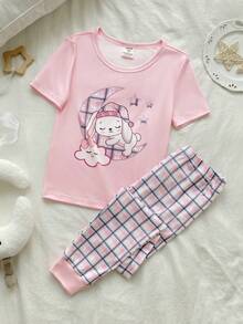 Bộ đồ ngủ ôm sát 2 món cho bé gái - Màu hồng, in hình mây, trăng và thỏ dễ thương - Áo tay ngắn và quần. - Hồng - Xem 7