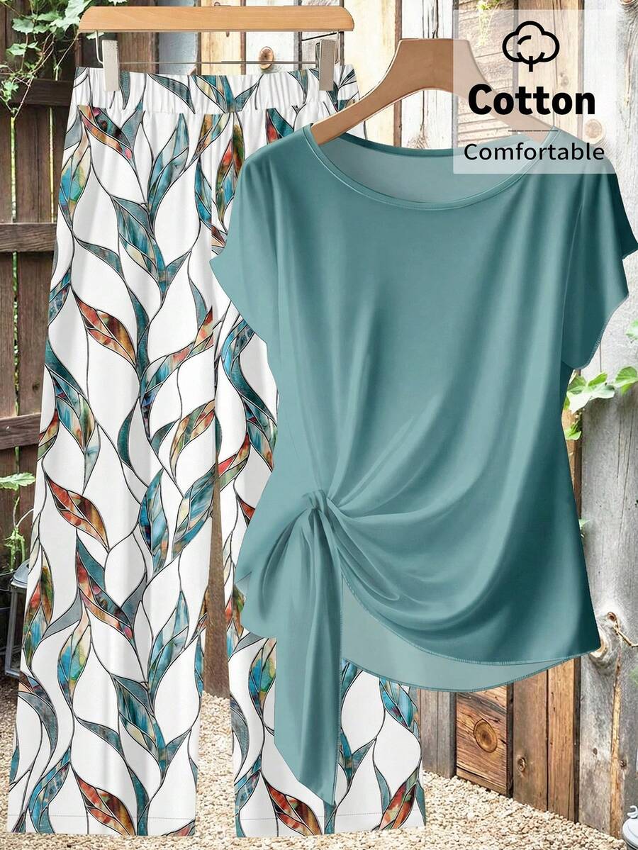 SHEIN Clasi 两件套女士纯棉休闲简约绿色蝴蝶结衬衫和宽松直筒几何印花裤套装，适合春、夏、秋季穿着。 - 彩色 - 查看 1