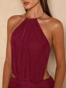 SHEIN BAE 女士纯色简约无袖休闲连衣裙 - 酒紅色 - 查看 6