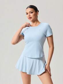 OutZeal Women Outdoor Blue Tee Solid Color Casual Workout Yoga Summer Soft Stretch Short Sleeve T-Shirt - Blue - View 6