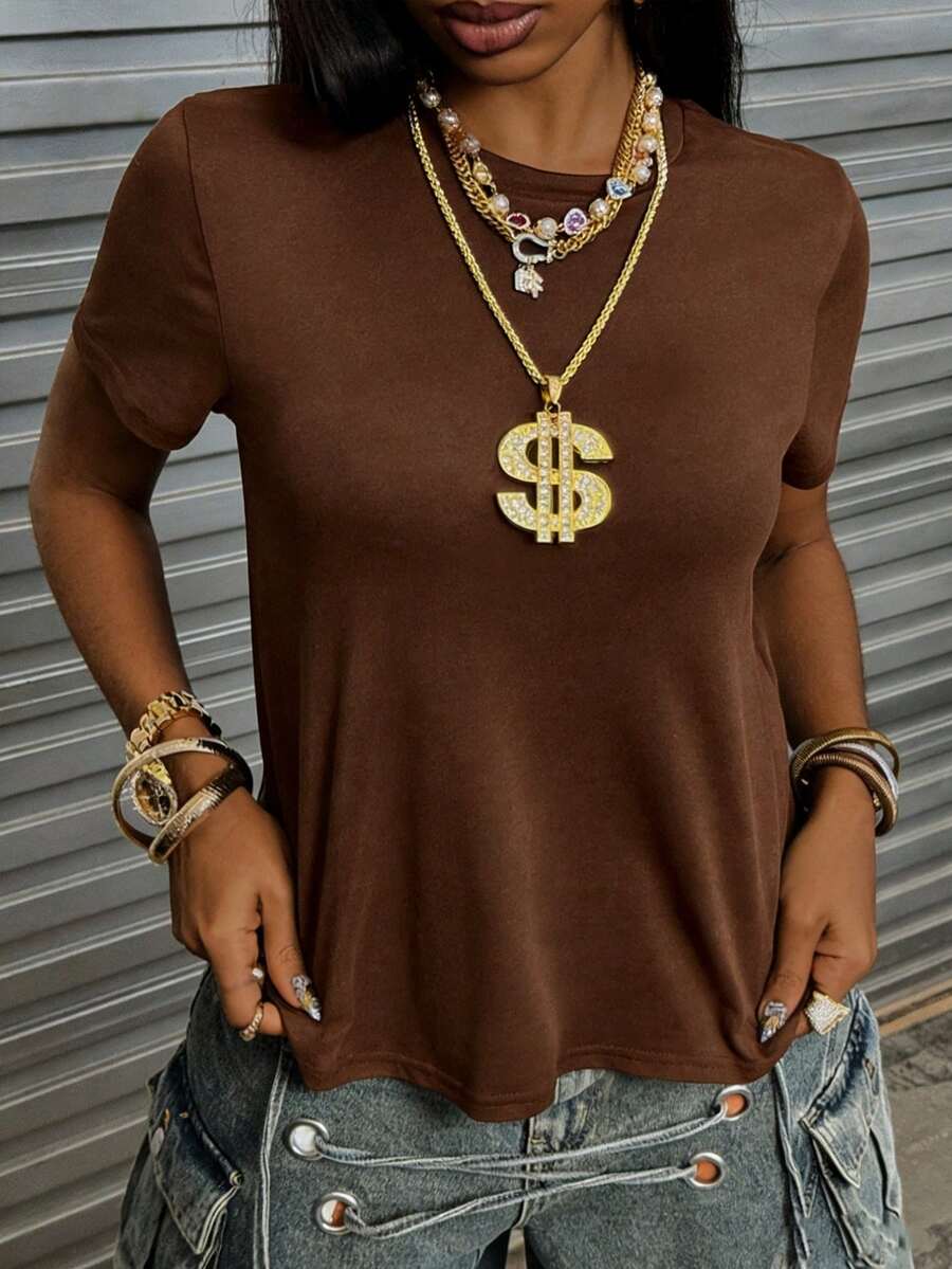 INAWLY Camiseta de manga corta de unicolor casual, versátil para el verano - Óxido marrón - Ver 1