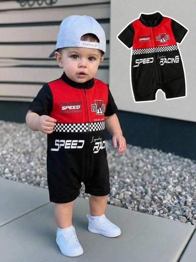 SHEIN Baby Boy Casual Sports Colorblock Patchwork Stand Collar Short Sleeve Racing Suit, Motorcycle Outfit, Racing Driver Costume, Soft Knit Letter Print Romper, Suitable For Outings, Vacation, Travel, Spring & Summer