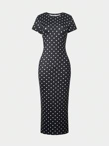 SHEIN Đầm ngắn tay dài đến đầu gối, phong cách tối giản, dễ phối đồ, dành cho các cô gái tuổi teen. - màu đen - Xem 8
