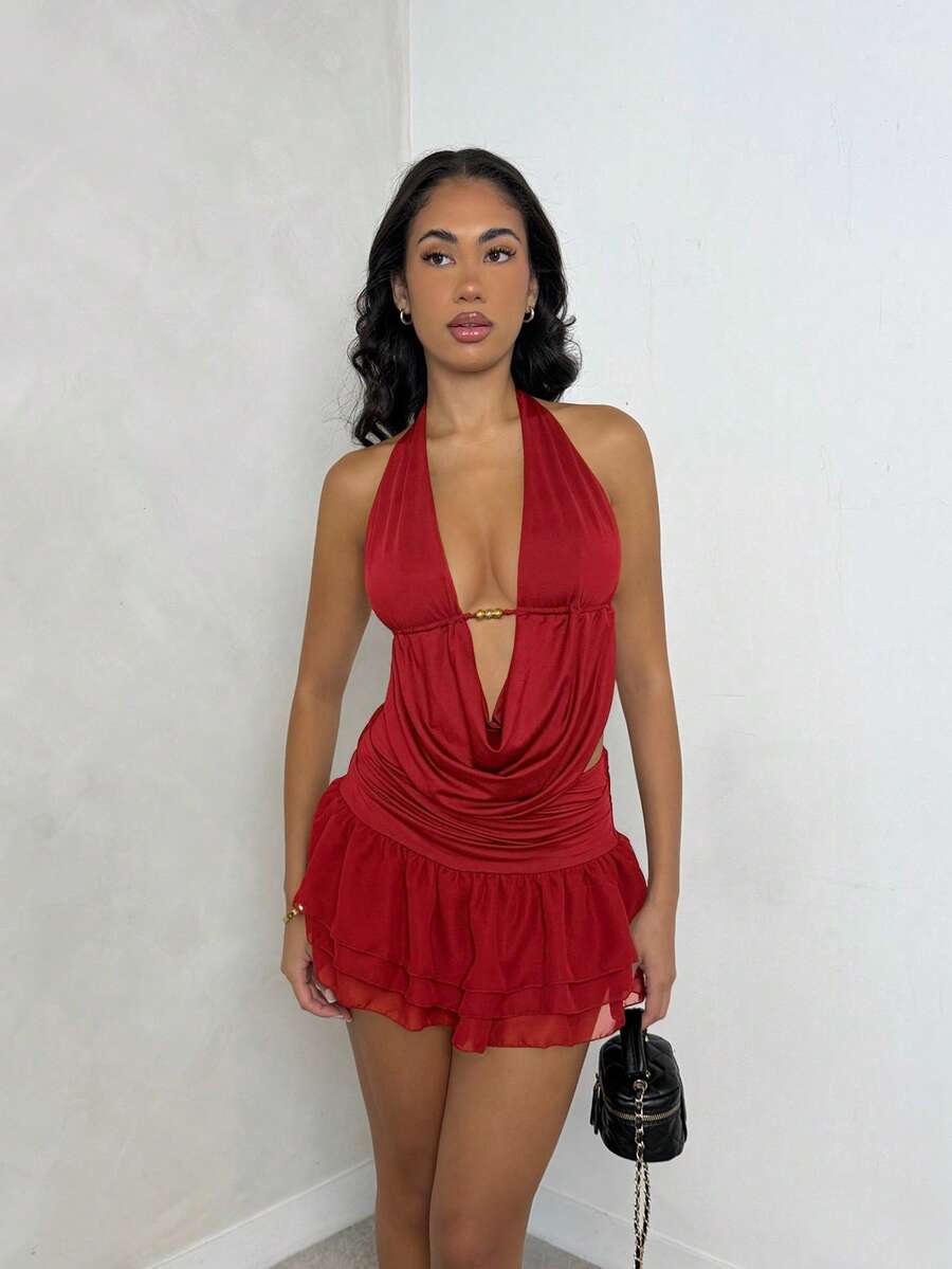 SHEIN Glamour Women Red Deep Red 2 Pieces Sets,Halter Neck Backless Deep V Neckline Top Ruffle Hem Asymmetrical Mini Skirt,Summer Night Out Club Rave Party Outfit - Red - View 1