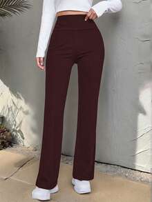 SHEIN EZwear 女士针织高腰喇叭裤 女士办公室穿搭裤 女士高腰阔腿裤 女士高腰喇叭打底裤 阔腿瑜伽裤 - 酒紅色 - 查看 6