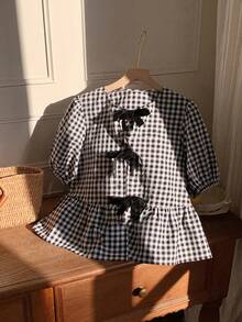 SHEIN Nova Glow 青少年女孩復古時尚千鳥格天鵝絨蝴蝶結寬鬆主教袖襯衫 - 黑與白 - 查看 6