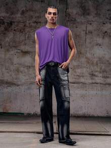 2025 新款男士圆领无袖宽松时尚休闲街头嘻哈风格背心 - 紫色 - 查看 3