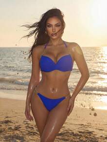 Swim SXY 女款夏季沙灘純色十字背心帶性感比基尼套裝，有底托杯 - 寶藍色 - 查看 2