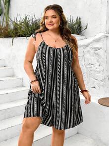 SHEIN CURVE+ Curve 尺码 US22 音乐节、海滨度假、波西米亚风女士休闲几何印花连体裤 - 黑與白 - 查看 5