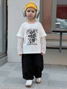 DAZY Young Girls Round Neck Casual Korean Style 2 In 1 Lace Patchwork Spring/Summer Top T-Shirt - White - View 4
