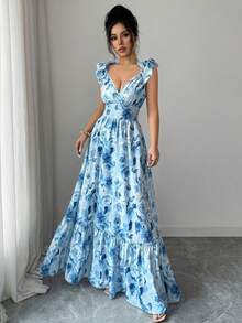 SHEIN Elenzya Abito lungo da donna elegante con stampa floreale blu, scollo a V con spalline sottili, adatto per uso casual, vacanze, spiaggia, vita quotidiana, appuntamenti, feste, raduni, Pasqua - Blu - Visualizzare 4