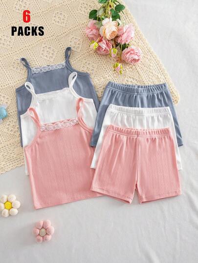 Genkimix Kids Bộ đồ lót 3 món mùa xuân/hè cho bé gái, gồm áo hai dây và quần short, trang trí nơ thêu, nhiều màu sắc.