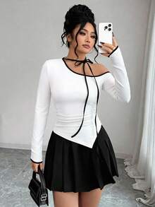 Elenzga 大码女式撞色滚边不对称下摆长袖T恤，配蝴蝶结 - 黑與白 - 查看 4