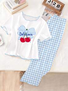 SHEIN Genkimix Kids Bộ đồ ngủ 2 món cho bé gái tuổi teen, nền trắng phối kẻ caro xanh dương, họa tiết nơ, quần kẻ caro xanh dương cùng màu, đồ mặc nhà thoải mái. - Màu be - Xem 3