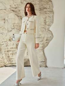 MOTF PREMIUM WOMEN'S TWEED SEAM FRONT SUIT PANTS - Beige - View 1