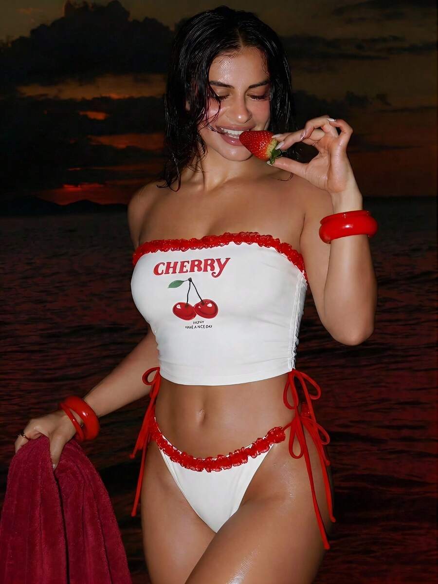 Swim SXY 女士吊带比基尼上衣，黄色、绿色，巴西国旗、牙买加国旗图案，沙滩度假派对装扮，性感蕾丝露脐上衣 - 彩色 - 查看 1