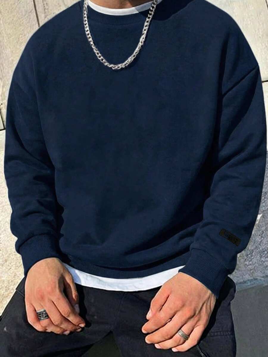 Cottnline Men's Casual Printed Crew Neck Long Sleeve Sweatshirt - Navy Blue - View 1