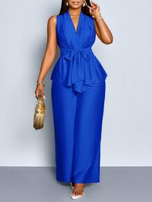 SOLERSUN Plus Size Elegant Commuter Solid Color Camisole And Pants 2 Pieces Set, Summer - Royal Blue - View 3