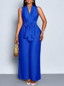 SOLERSUN Plus Size Elegant Commuter Solid Color Camisole And Pants 2 Pieces Set, Summer - Royal Blue - View 4