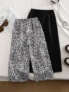Genkimix Kids 2 Stücke/Set Mädchen modisches Lässig Outfit, Schleife Dekor gerade geschnittene Hose, Leoparden Muster + Schwarz Kombination, geeignet für täglichen Herbsttragekomfort - Verschiedenfarbig - Übersicht 2