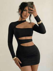 Sirith 女士单肩长袖镂空连衣裙 - 黑色 - 查看 3