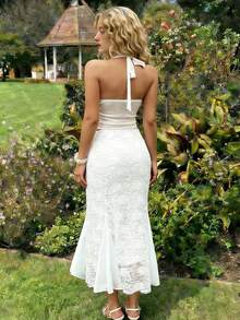 Cévolie Bộ đồ ren thanh lịch 2 mảnh dành cho nữ, gồm áo ôm và chân váy, thích hợp cho mùa hè. - trắng - Xem 2